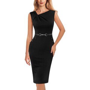 Women's Cocktail Dress Sleeveless Pleated Asymmetric Neck Belted Work